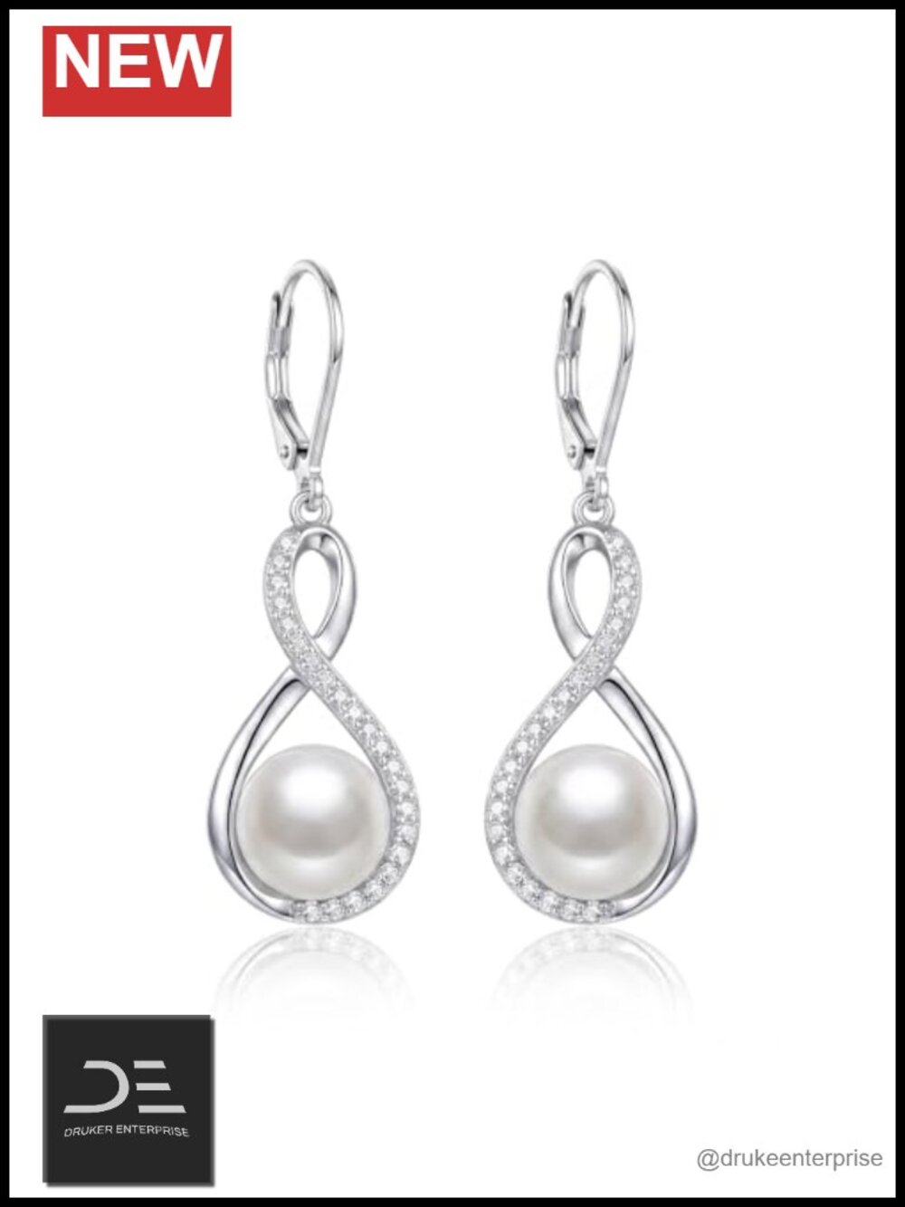 925 Sterling Silver Pearl Dangle Earrings with Moissanite & Infinity Design
